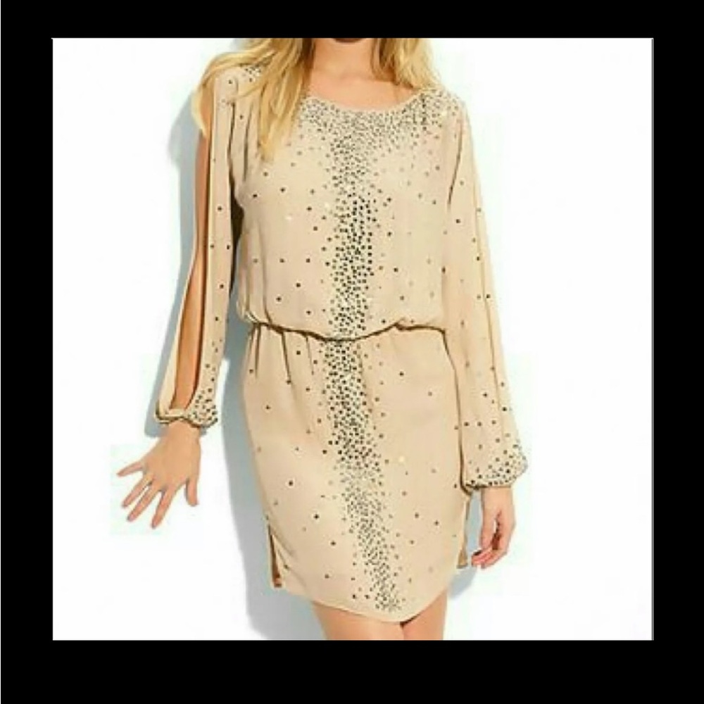 HAUTE HIPPIE Long Slit Balloon Sleeve Blouson Elastic Waist Fully Studded Dress